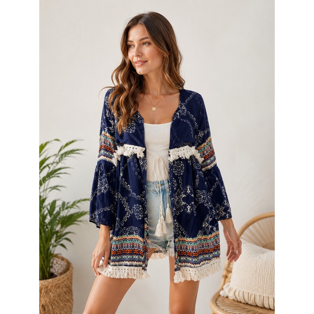 Entro Tie Front Bell Sleeve Cardigan Large Navy Blue Paisley Boho‎ Fringe Hippie